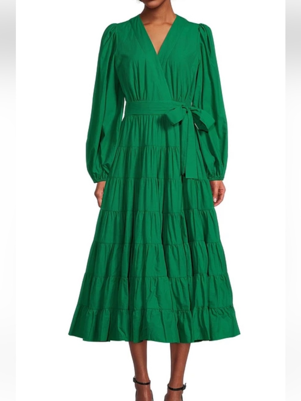 Gibson Latimer Wrap Emerald Green Long Sleeve Midi Tiered Cotton Dress, size L